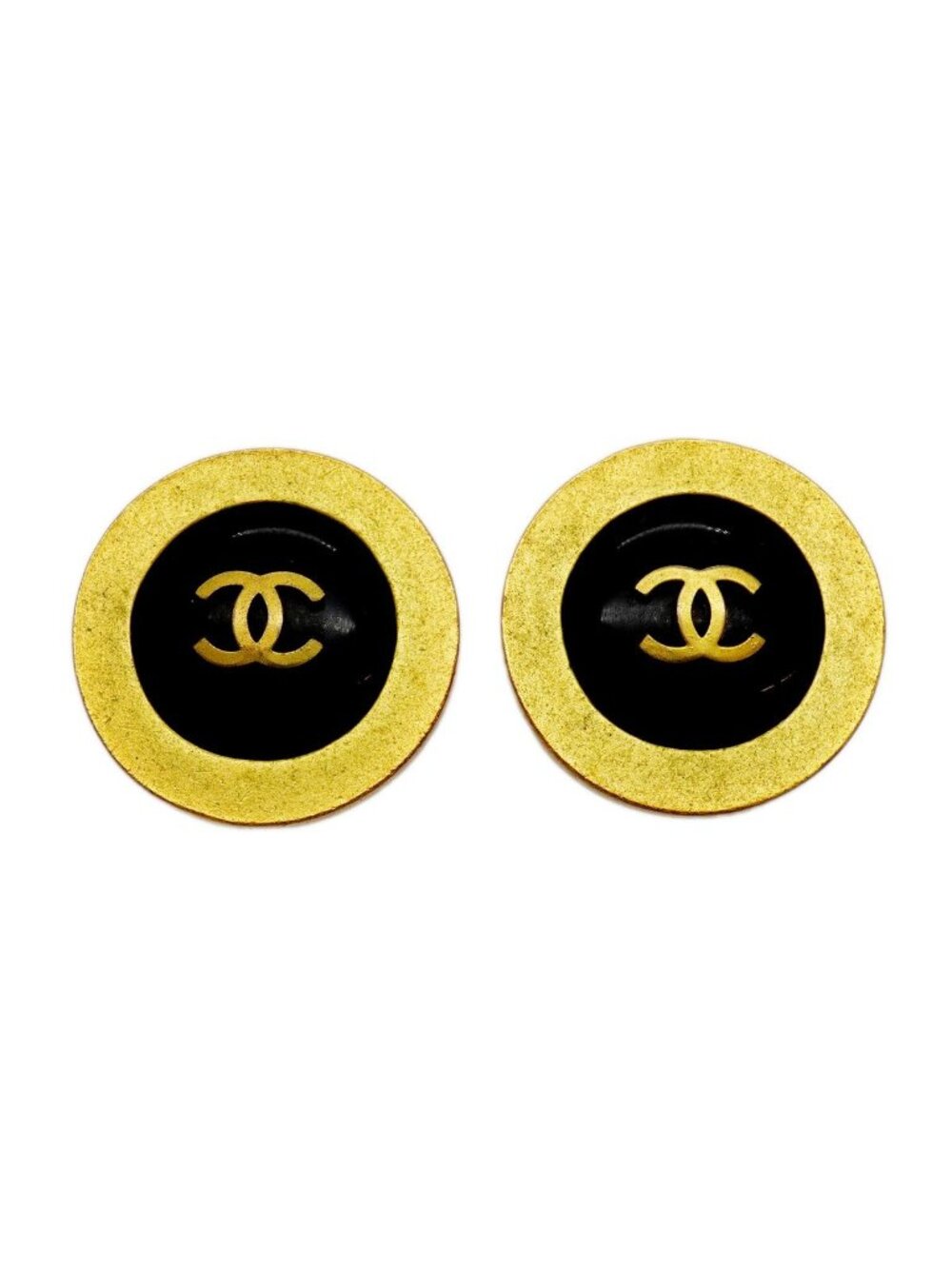Chanel Earrings Vintage CC Logo Round Circle Gold Plated Black